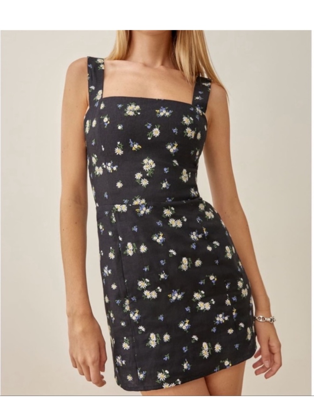 Reformation NWOT Black Floral Square-Neck Linen Mini Dress